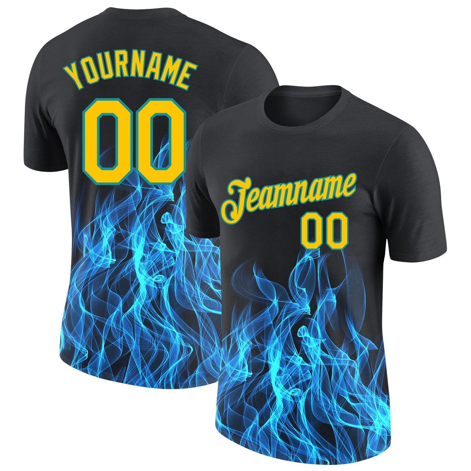 Custom Black Gold-Aqua 3D Pattern Design Flame Performance T-Shirt photo 1