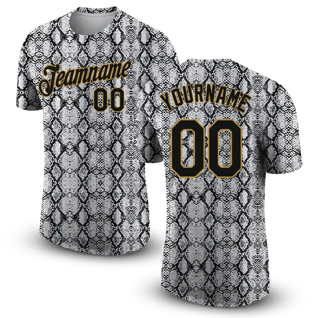 Custom Black Black-Old Gold 3D Pattern Design Snakeskin Performance T-Shirt
