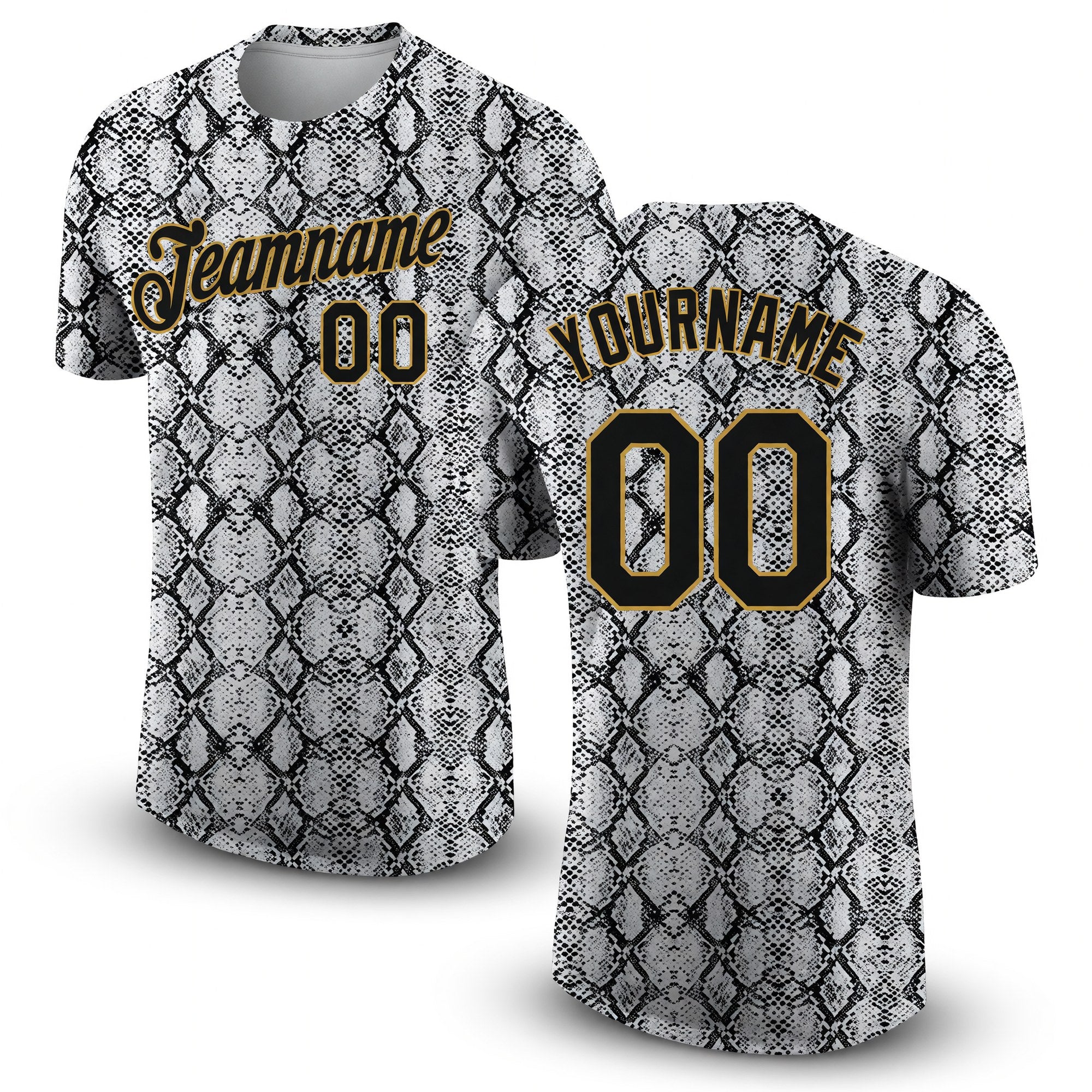 Custom Black Black-Old Gold 3D Pattern Design Snakeskin Performance T-Shirt