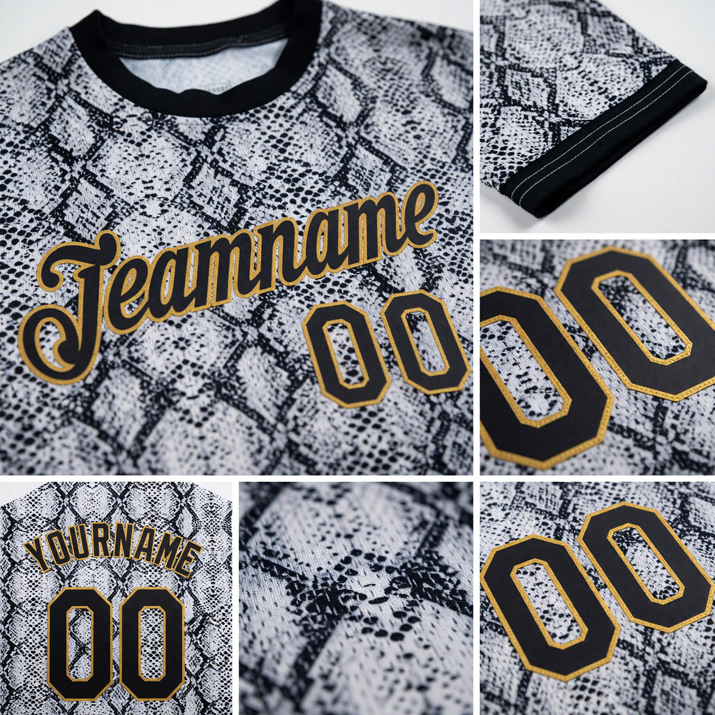 Custom Black Black-Old Gold 3D Pattern Design Snakeskin Performance T-Shirt detail