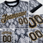 Custom Black Black-Old Gold 3D Pattern Design Snakeskin Performance T-Shirt detail