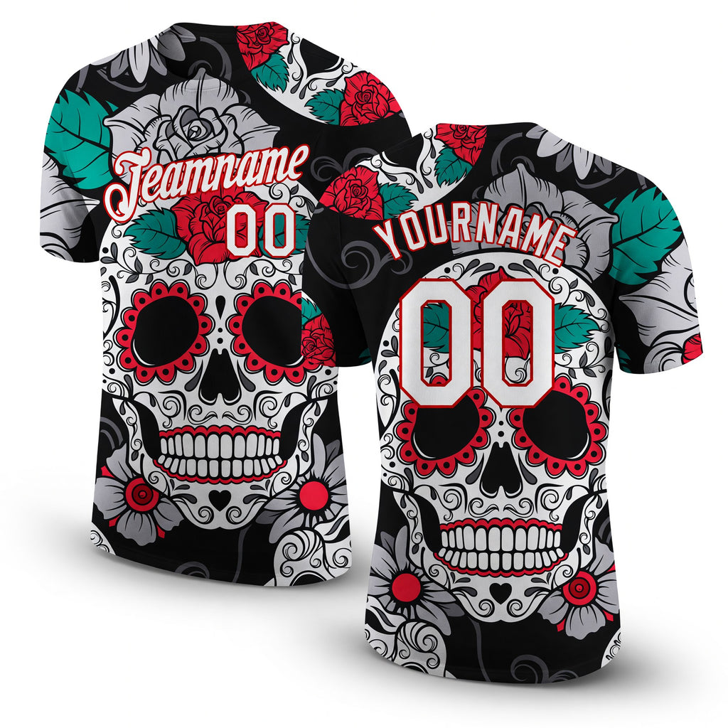 Custom Black White-Red 3D Skull Fashion Performance T-Shirt