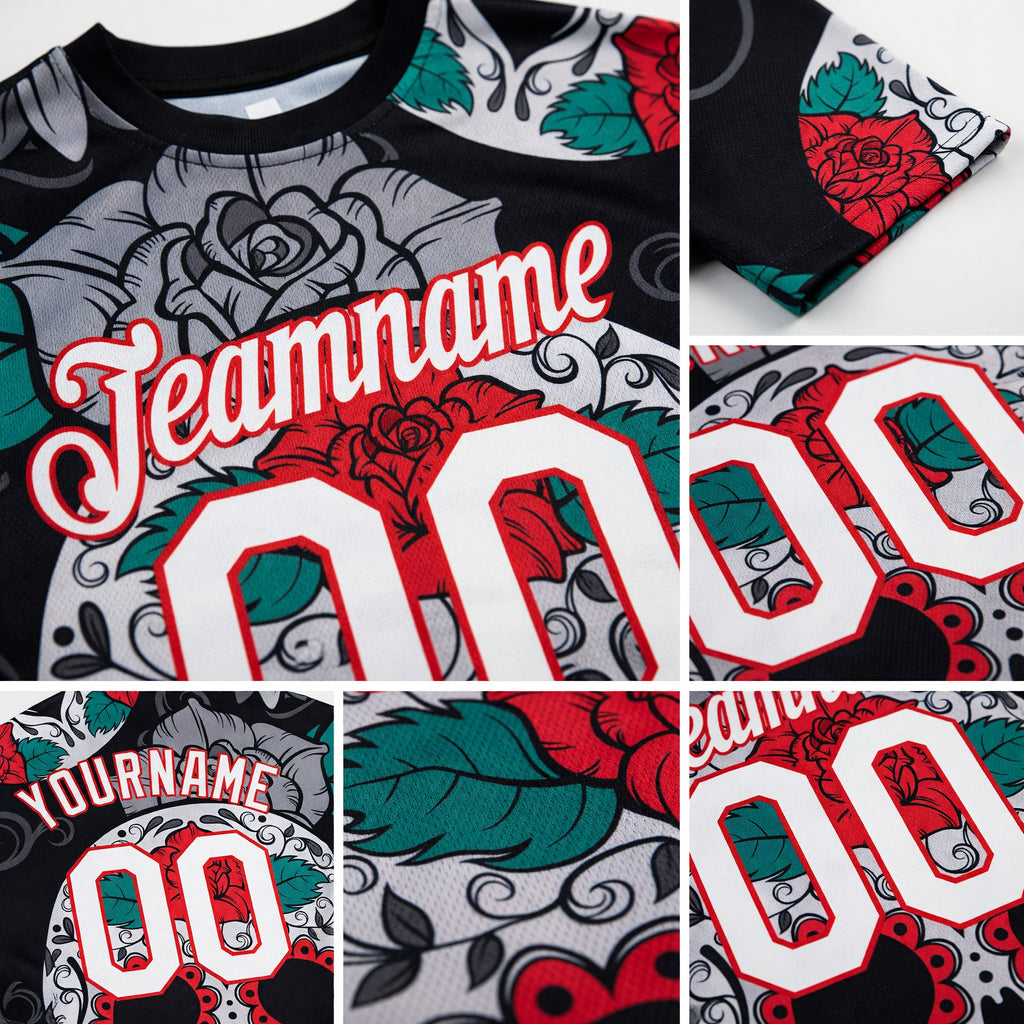 Custom Black White-Red 3D Skull Fashion Performance T-Shirt detail