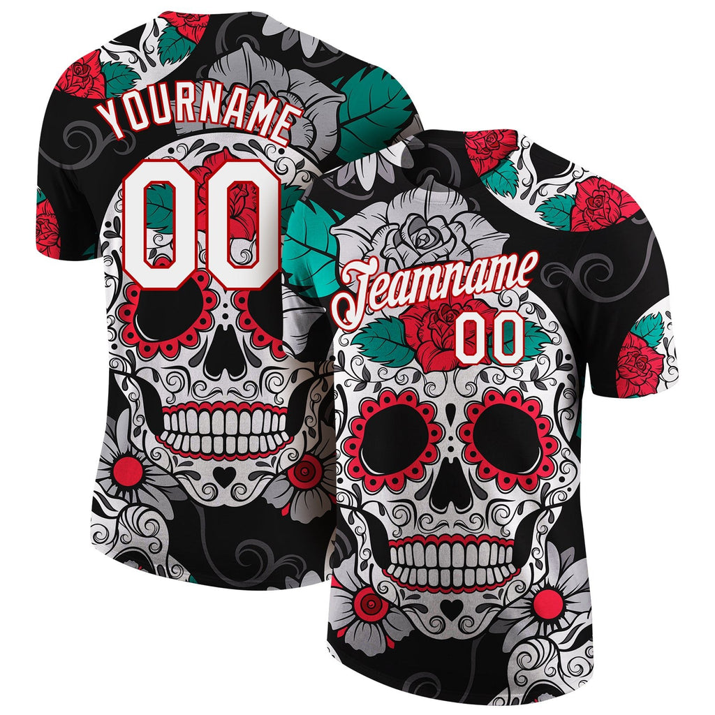 Custom Black White-Red 3D Skull Fashion Performance T-Shirt photo 1