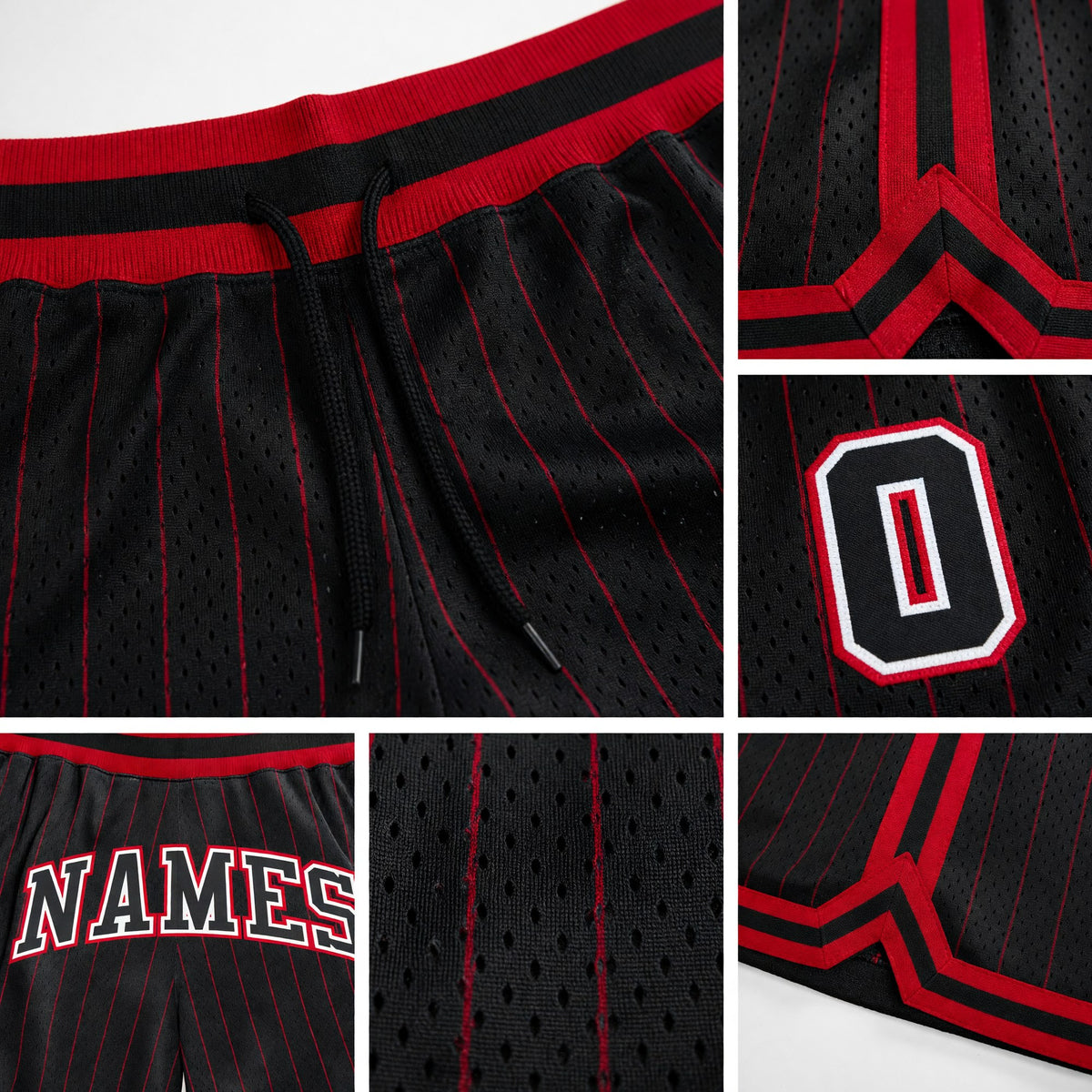 Custom Black Red Pinstripe Black-White Authentic Basketball Shorts detail