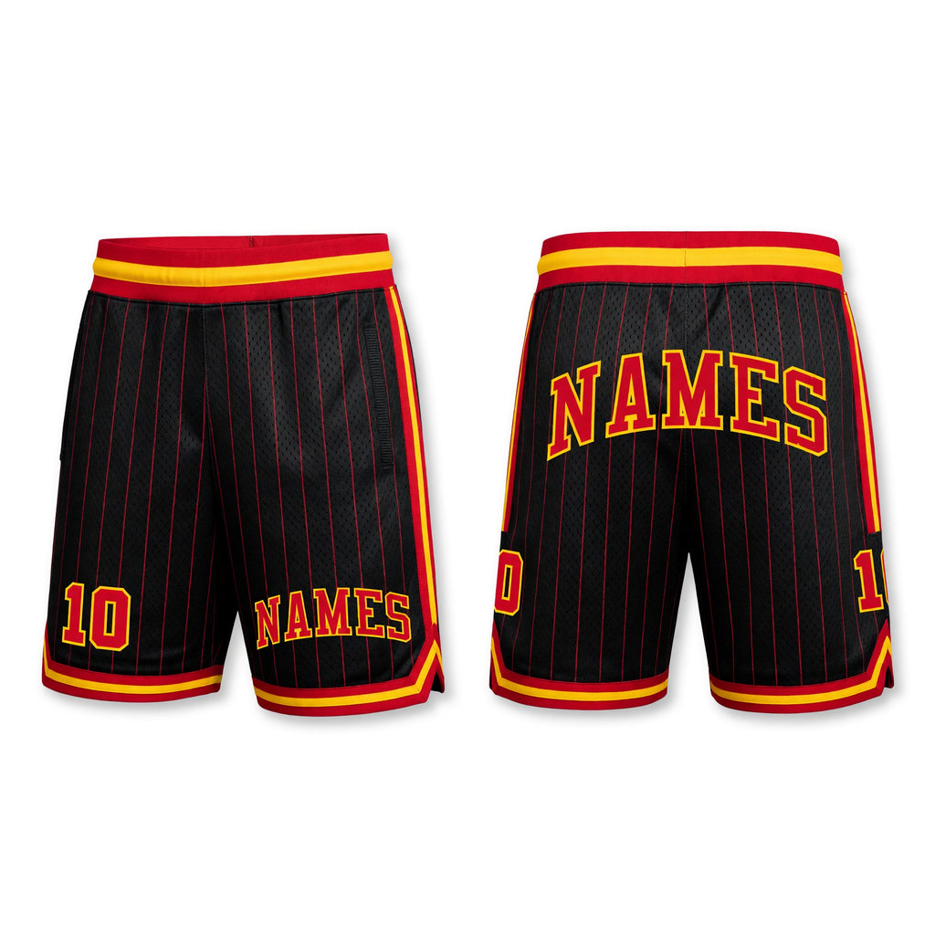 Custom Black Red Pinstripe Red-Gold Authentic Basketball Shorts