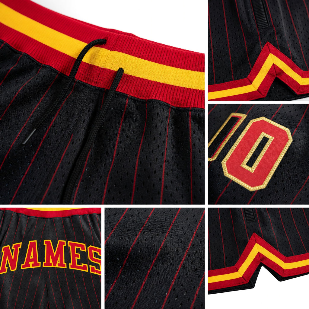 Custom Black Red Pinstripe Red-Gold Authentic Basketball Shorts detail