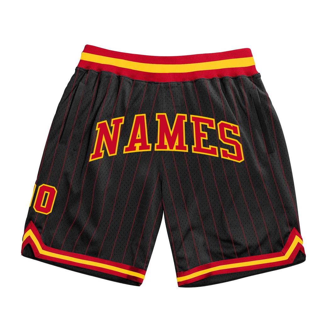 Custom Black Red Pinstripe Red-Gold Authentic Basketball Shorts photo 1