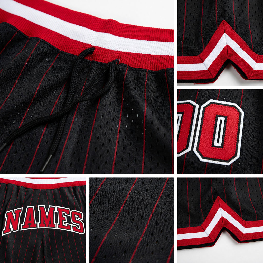 Custom Black Red Pinstripe Red-White Authentic Basketball Shorts detail