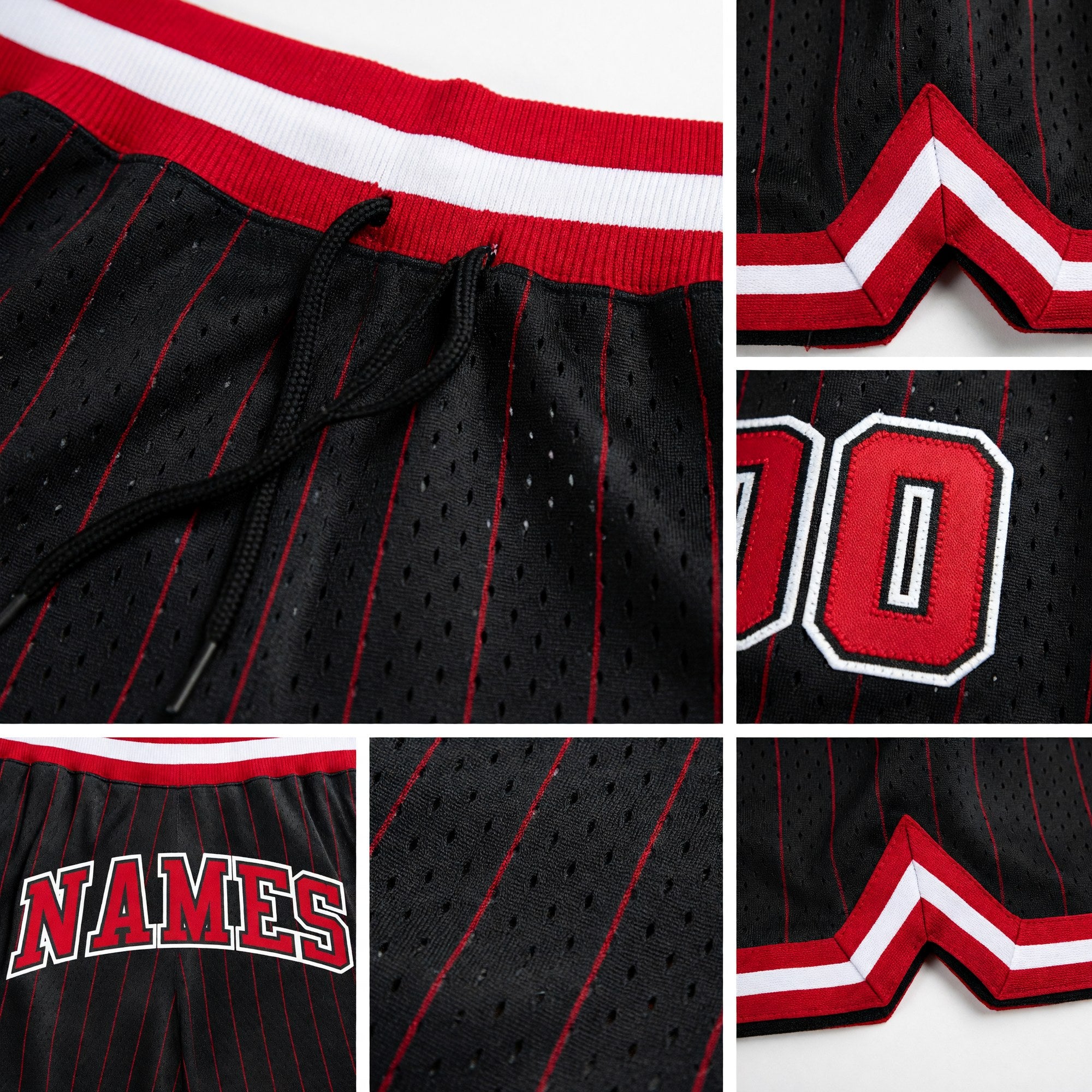 Custom Black Red Pinstripe Red-White Authentic Basketball Shorts detail
