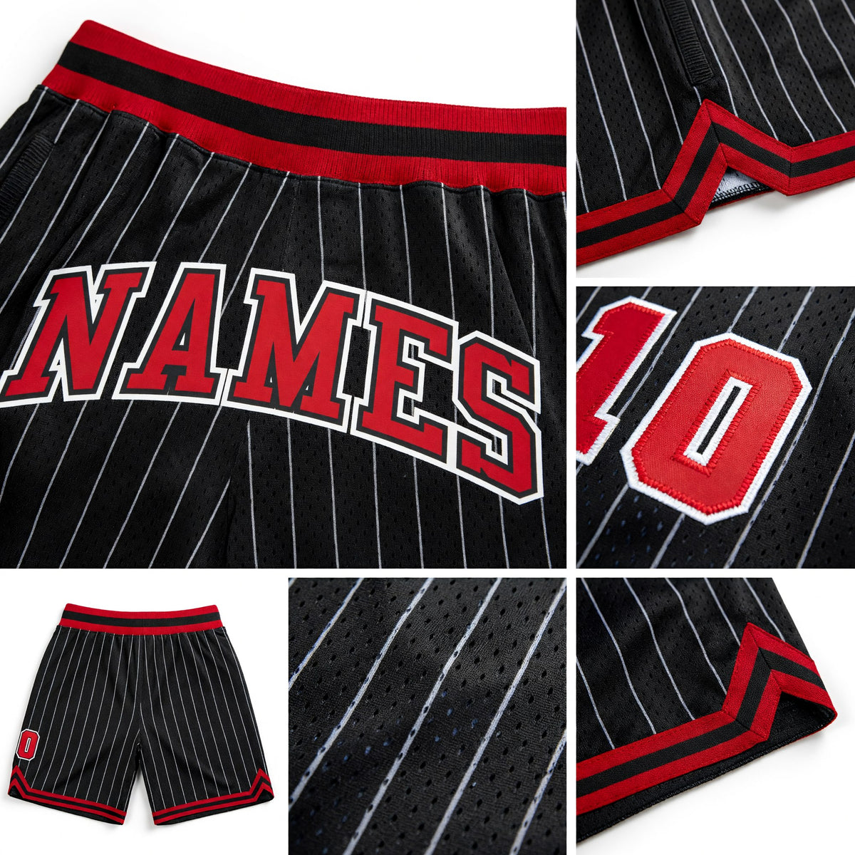 Custom Black White Pinstripe Red-White Authentic Basketball Shorts detail
