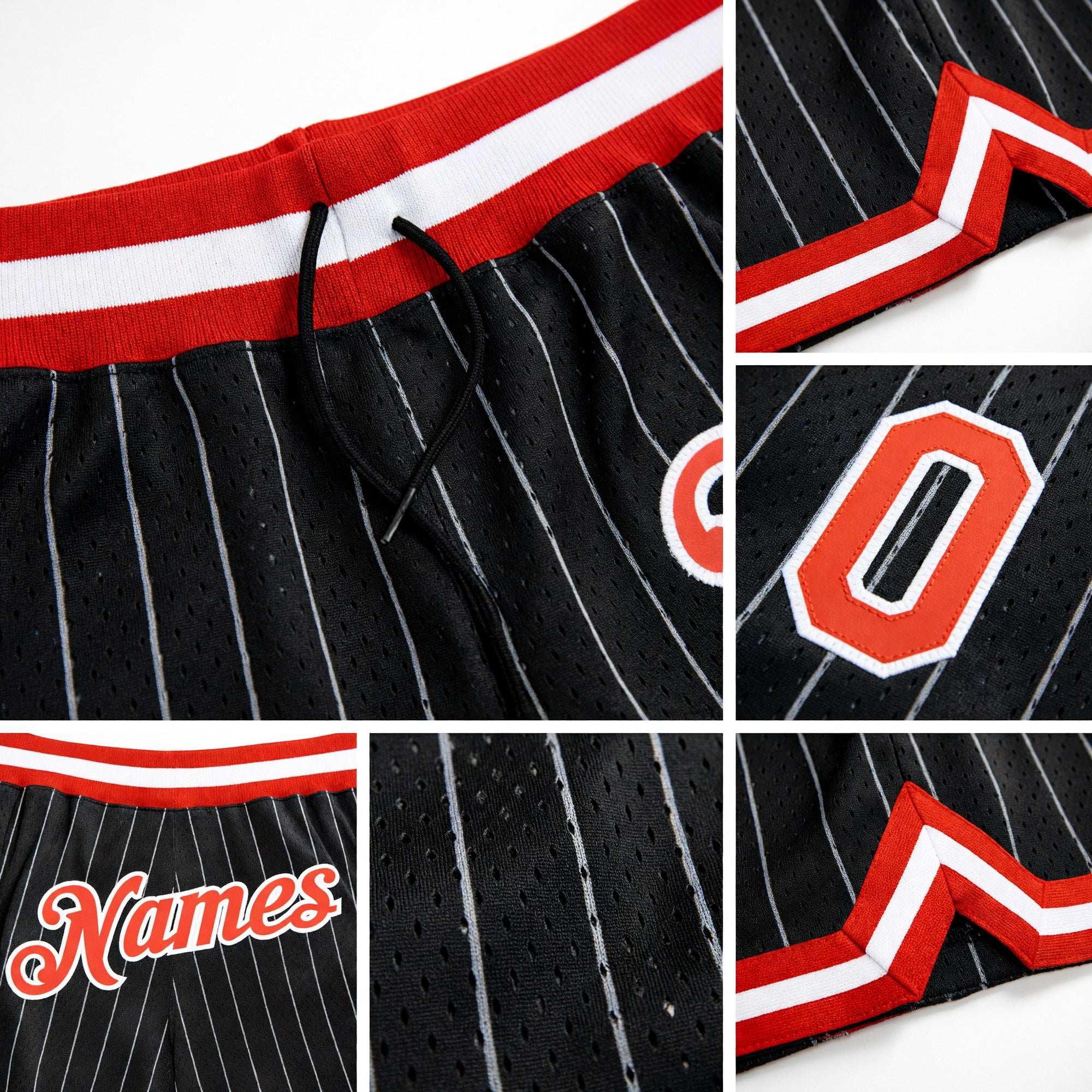 Custom Black White Pinstripe Orange-White Authentic Basketball Shorts detail