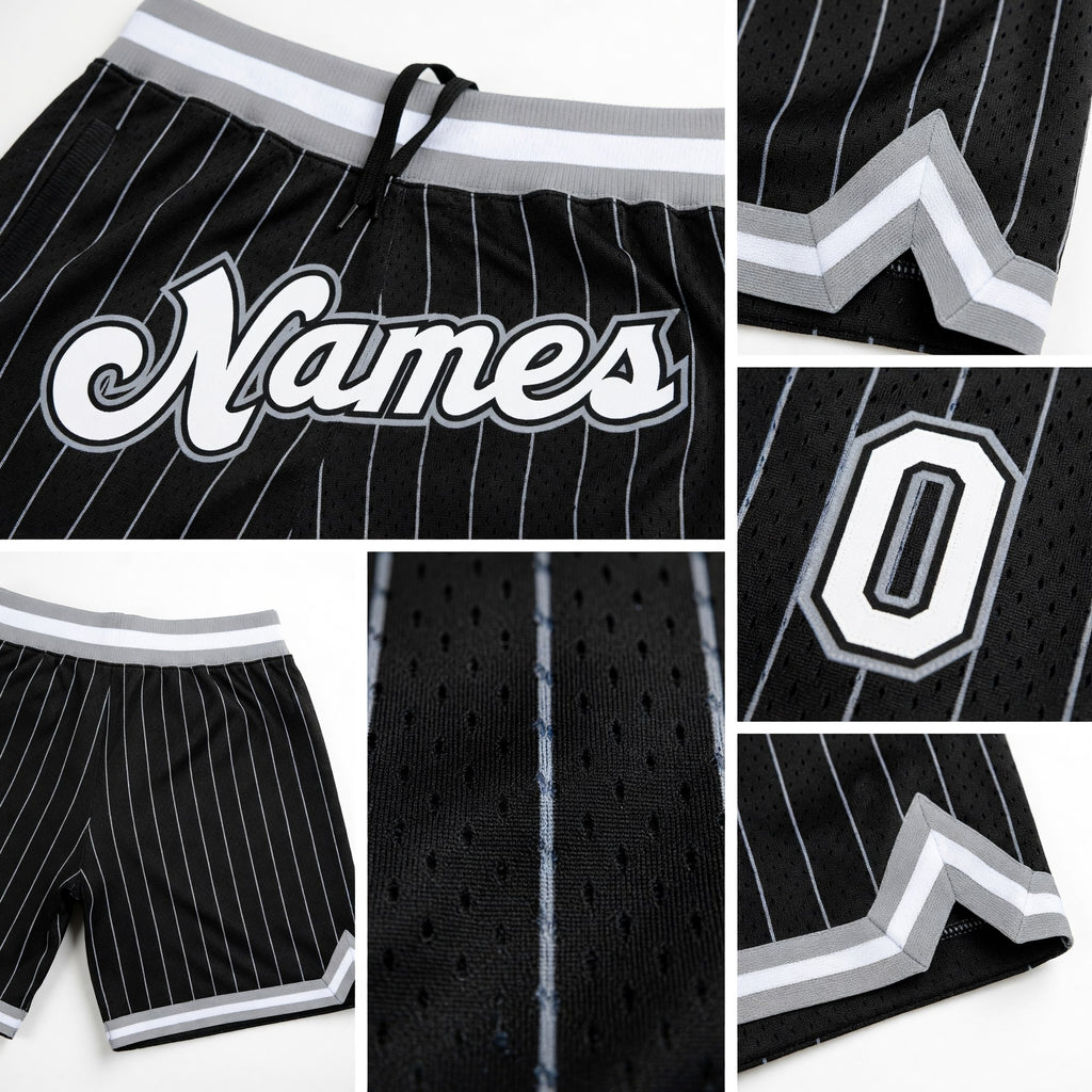 Custom Black White Pinstripe White-Gray Authentic Basketball Shorts detail