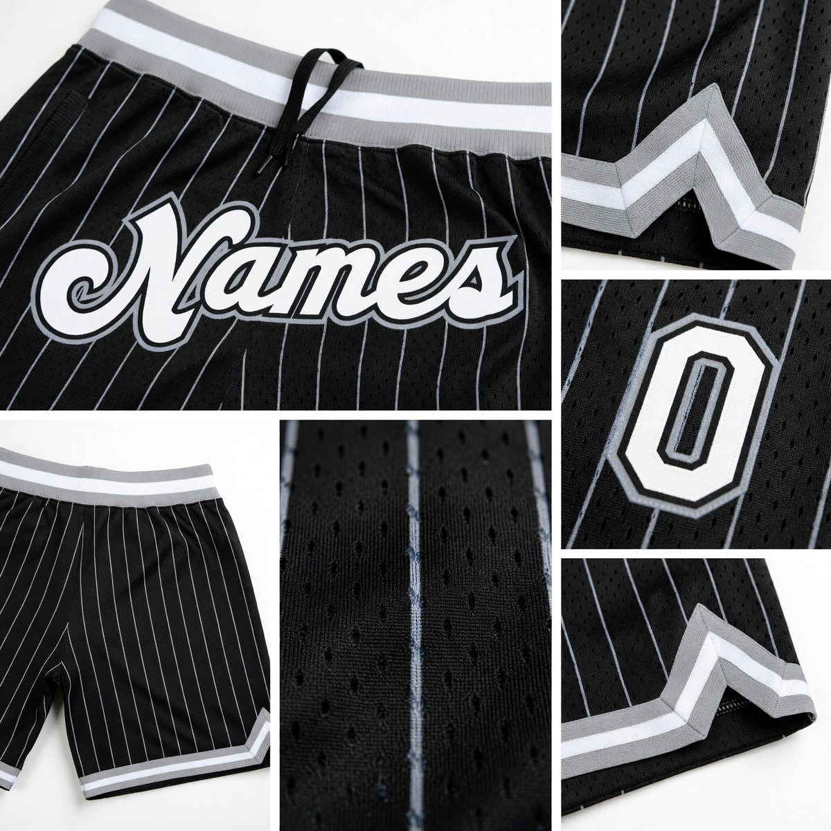 Custom Black White Pinstripe White-Gray Authentic Basketball Shorts detail