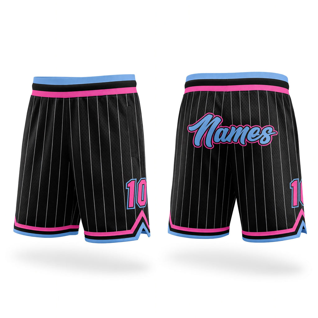 Custom Black White Pinstripe Light Blue-Pink Authentic Basketball Shorts