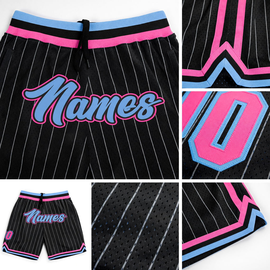 Custom Black White Pinstripe Light Blue-Pink Authentic Basketball Shorts detail