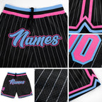 Custom Black White Pinstripe Light Blue-Pink Authentic Basketball Shorts detail