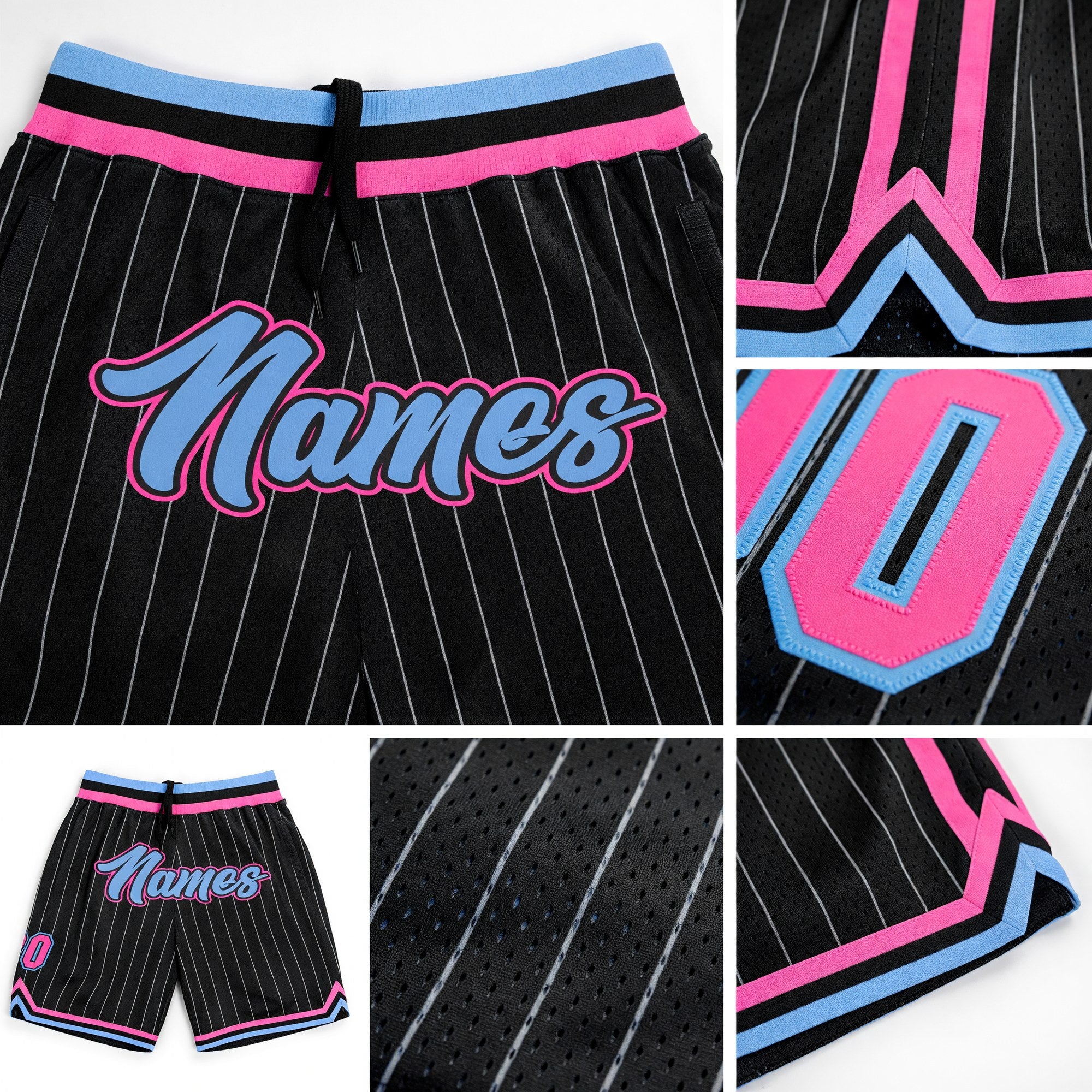 Custom Black White Pinstripe Light Blue-Pink Authentic Basketball Shorts detail