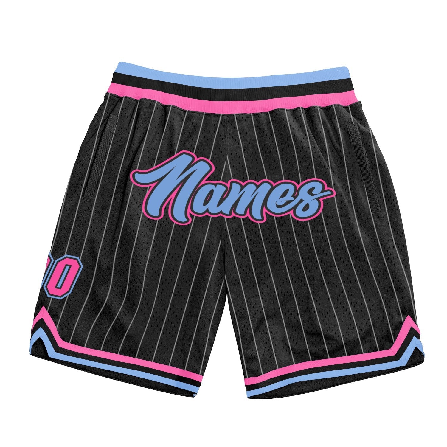 Custom Black White Pinstripe Light Blue-Pink Authentic Basketball Shorts photo 1