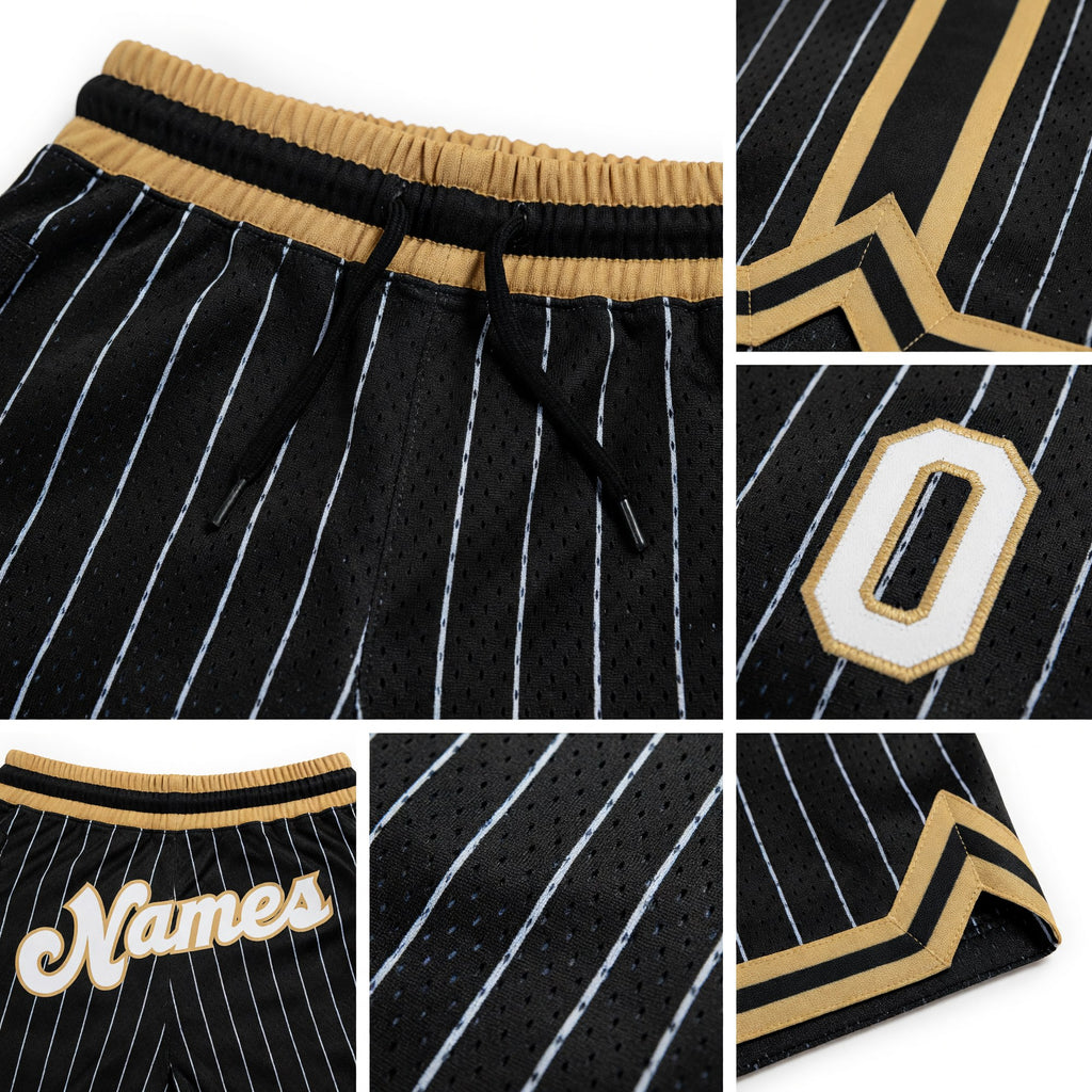 Custom Black White Pinstripe White-Old Gold Authentic Basketball Shorts detail
