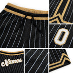 Custom Black White Pinstripe White-Old Gold Authentic Basketball Shorts detail