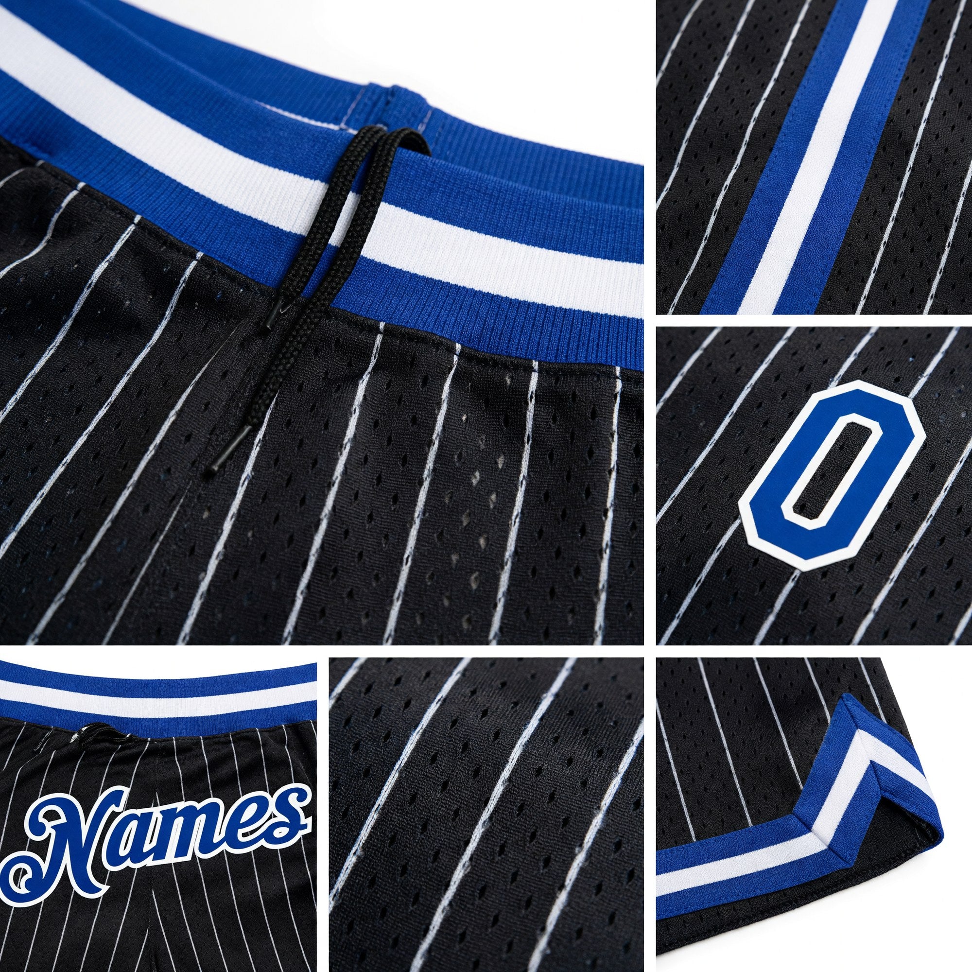 Custom Black White Pinstripe Royal-White Authentic Basketball Shorts detail