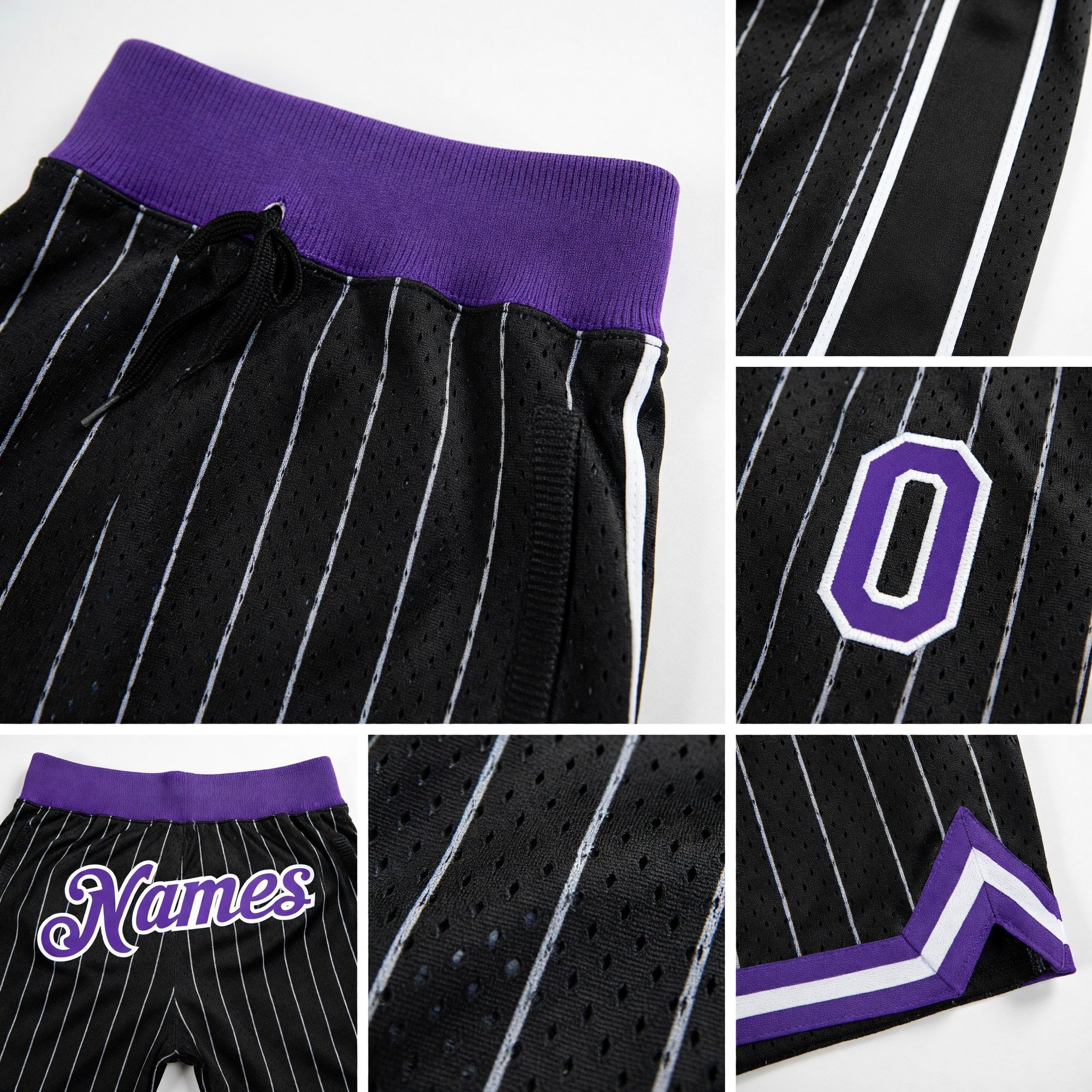 Custom Black White Pinstripe Purple-White Authentic Basketball Shorts detail