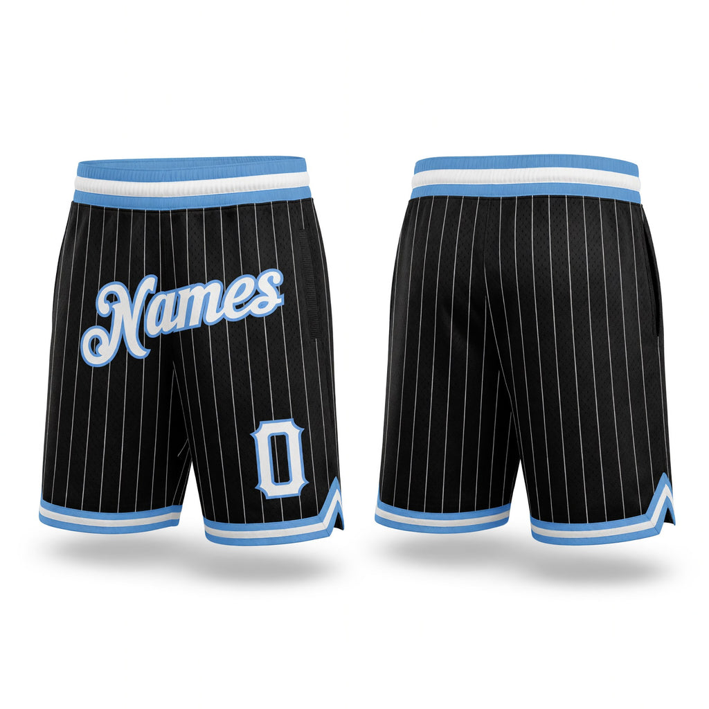 Custom Black White Pinstripe White-Light Blue Authentic Basketball Shorts