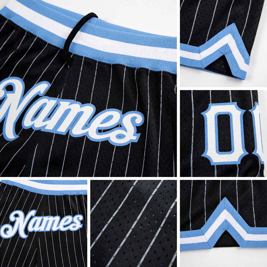 Custom Black White Pinstripe White-Light Blue Authentic Basketball Shorts detail