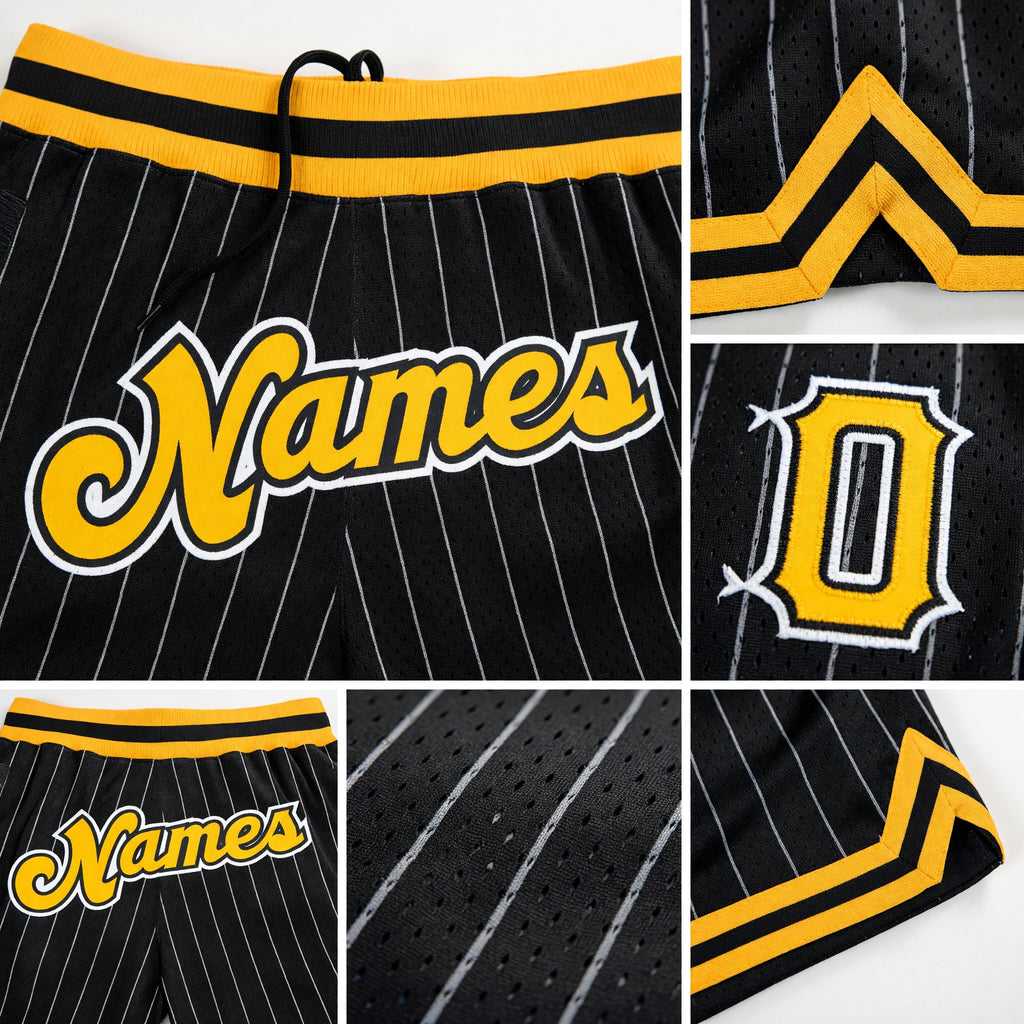 Custom Black White Pinstripe Gold-White Authentic Basketball Shorts detail
