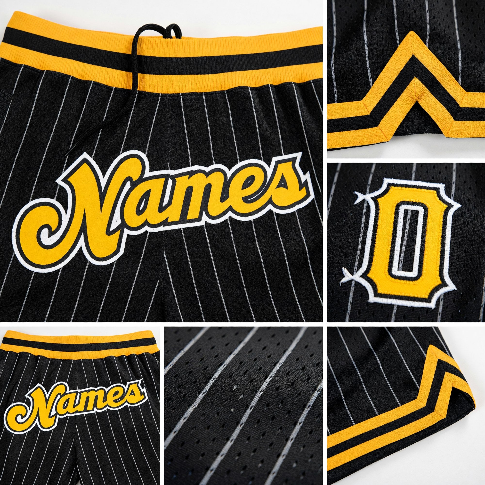 Custom Black White Pinstripe Gold-White Authentic Basketball Shorts detail