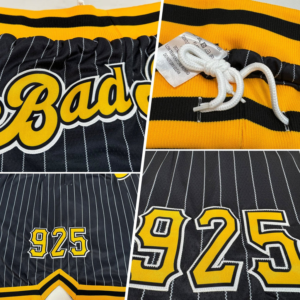 Custom Black White Pinstripe Gold-White Authentic Basketball Shorts photo 2