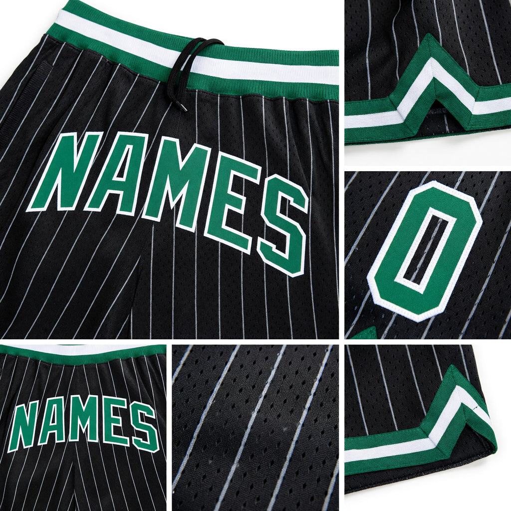 Custom Black White Pinstripe Kelly Green-White Authentic Basketball Shorts detail