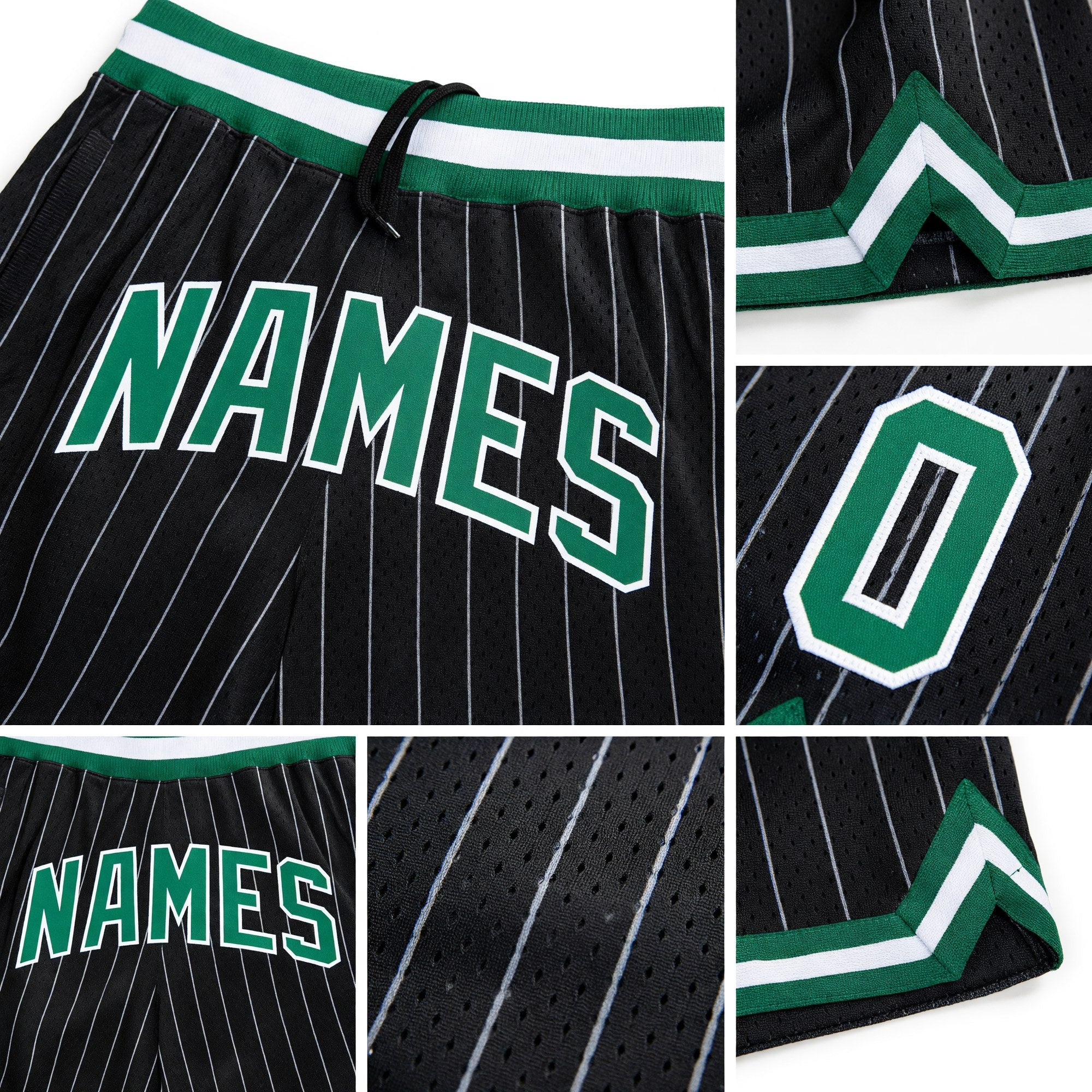 Custom Black White Pinstripe Kelly Green-White Authentic Basketball Shorts detail