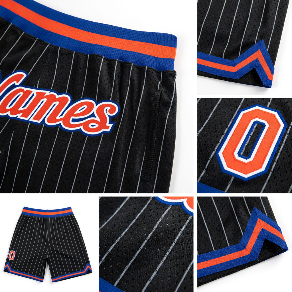 Custom Black White Pinstripe Orange-Royal Authentic Basketball Shorts detail