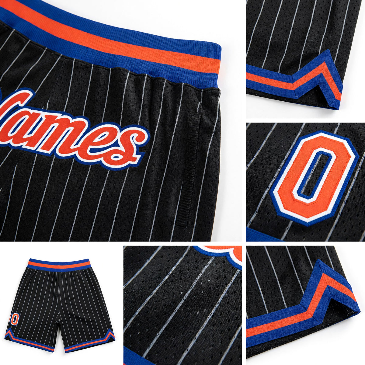 Custom Black White Pinstripe Orange-Royal Authentic Basketball Shorts detail