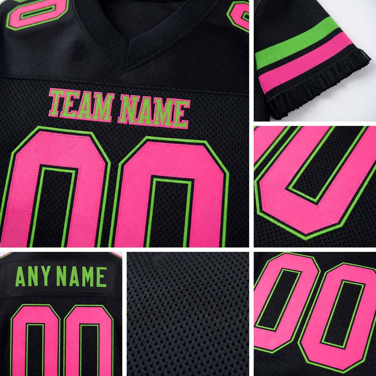 Custom Black Pink-Neon Green Mesh Authentic Football Jersey detail