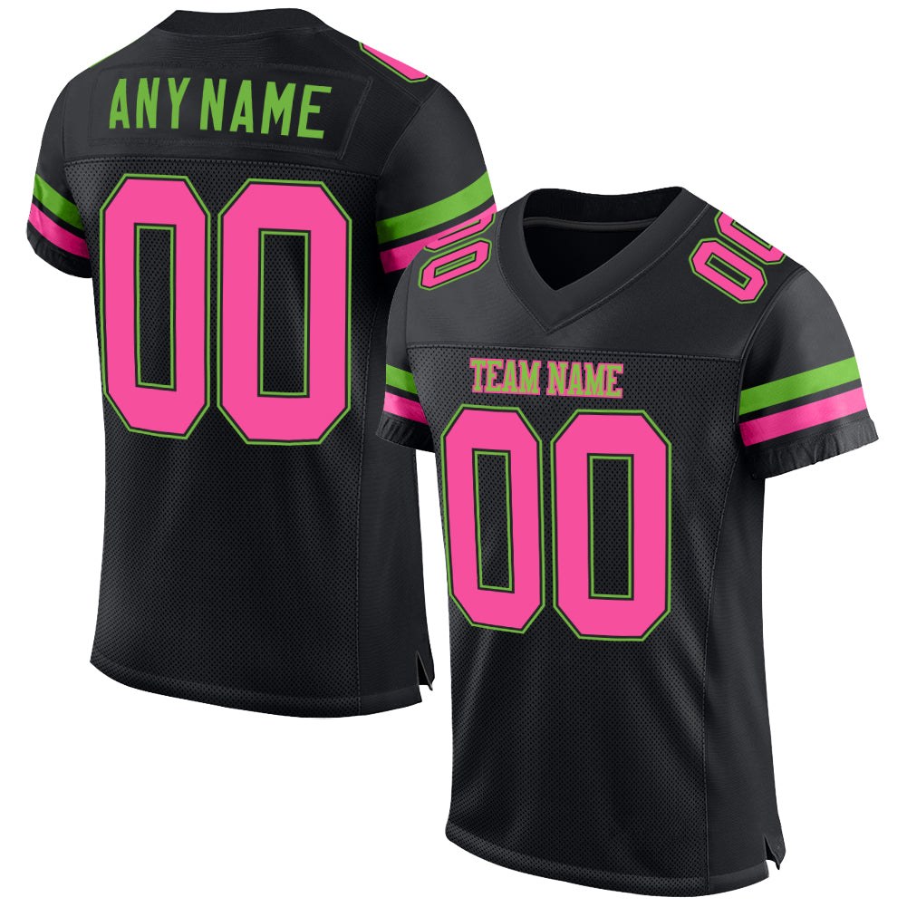 Custom Black Pink-Neon Green Mesh Authentic Football Jersey photo 1