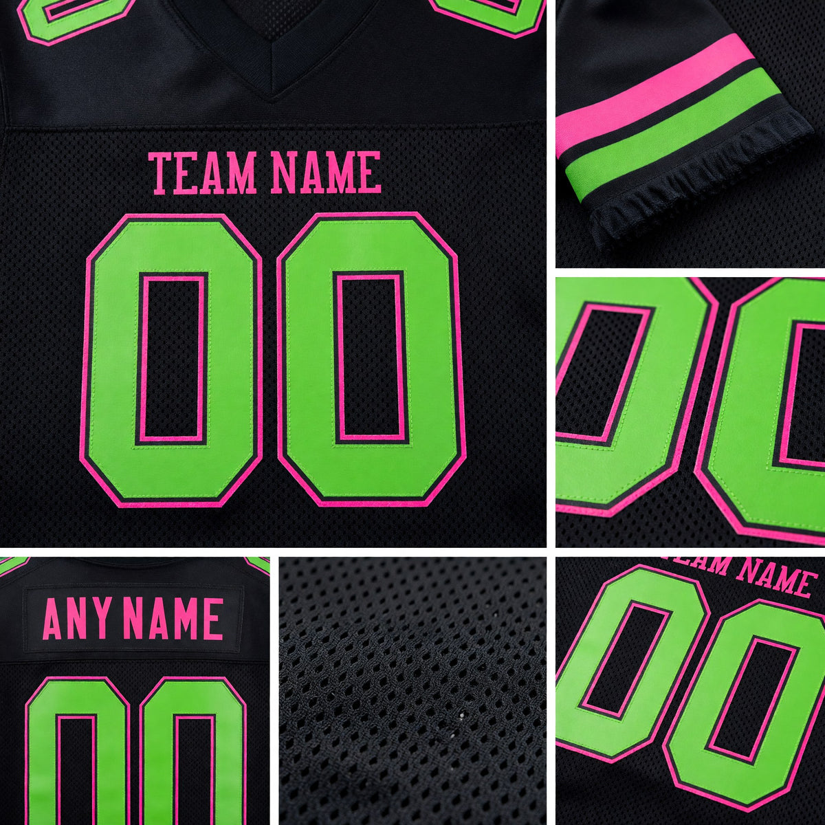 Custom Black Neon Green-Pink Mesh Authentic Football Jersey detail