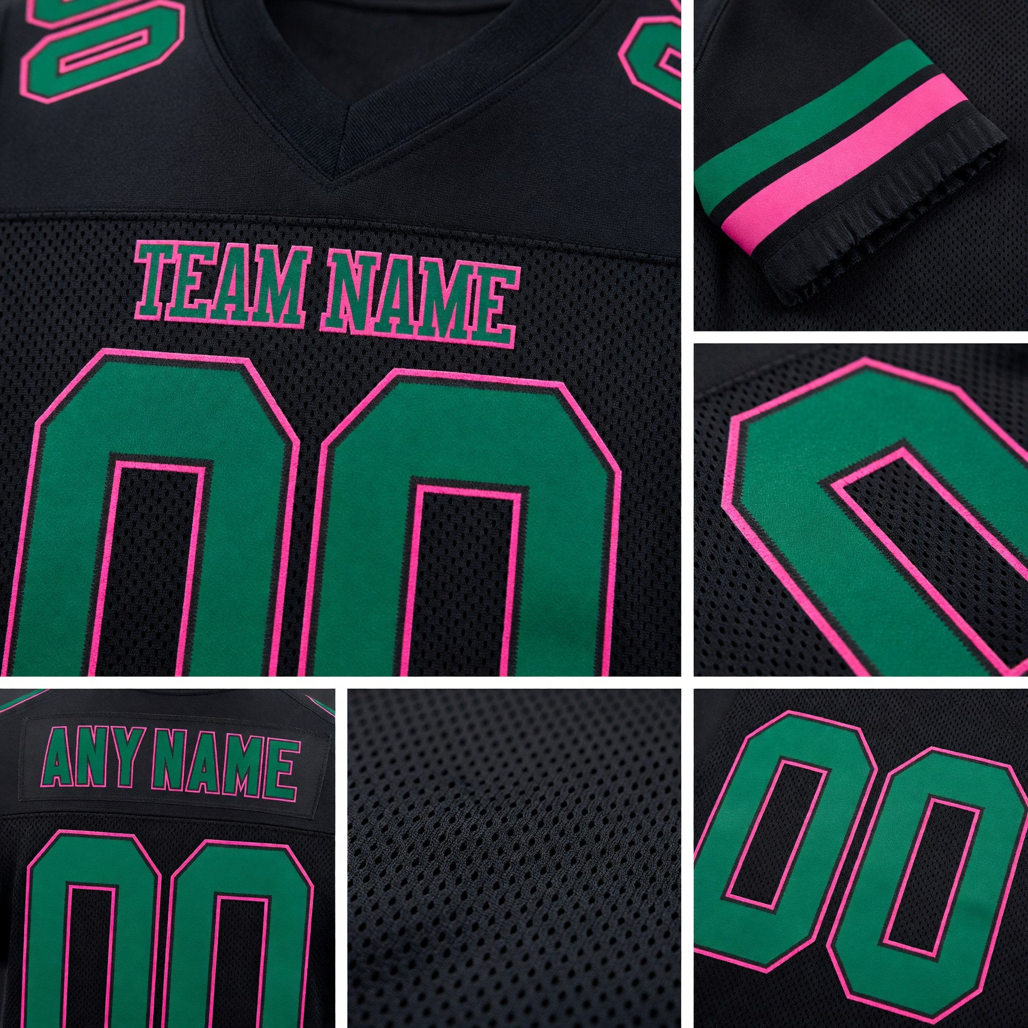 Custom Black Kelly Green-Pink Mesh Authentic Football Jersey detail