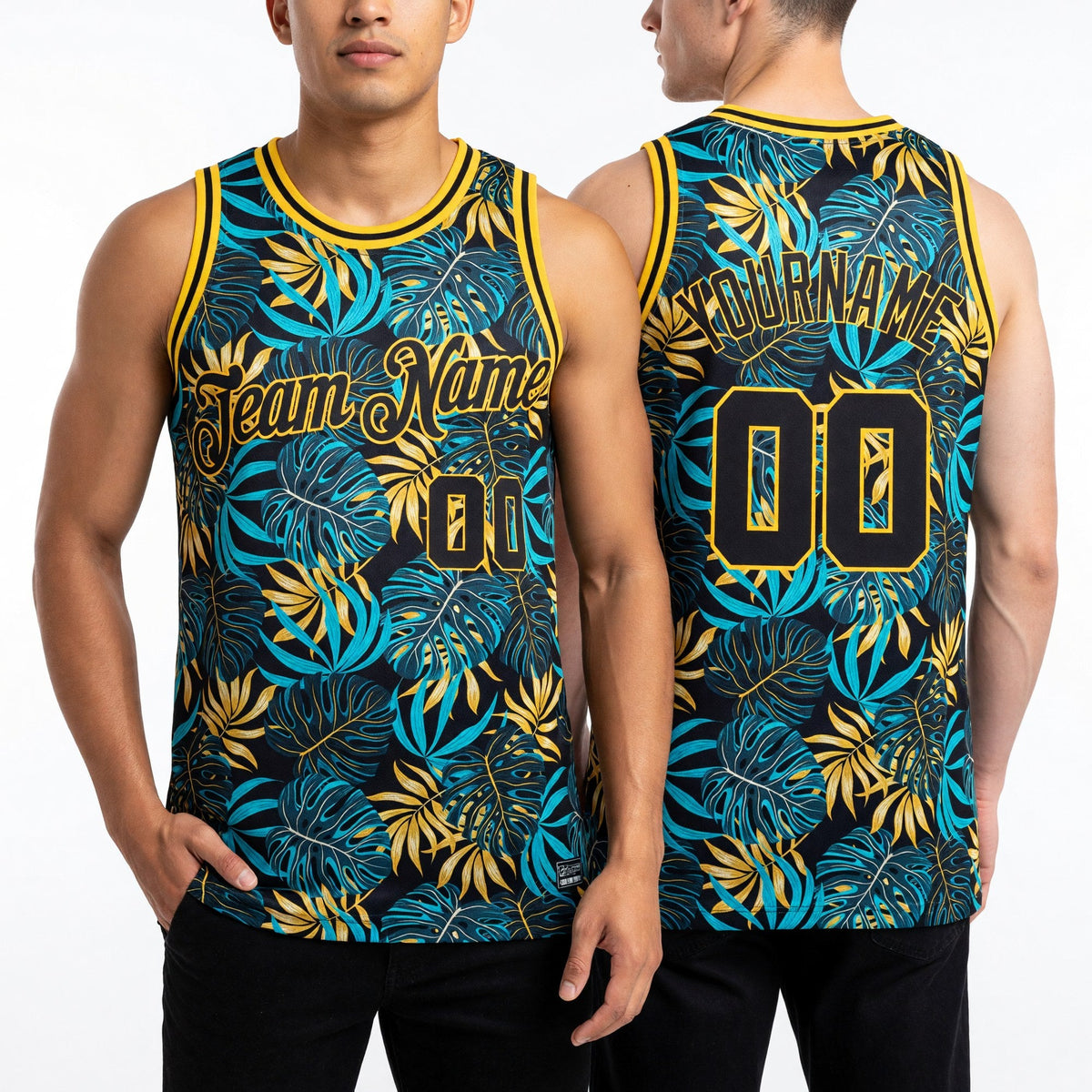 Custom Black Black-Gold 3D Pattern Tropical Hawaii Plants Authentic Basketball Jersey worn front and back