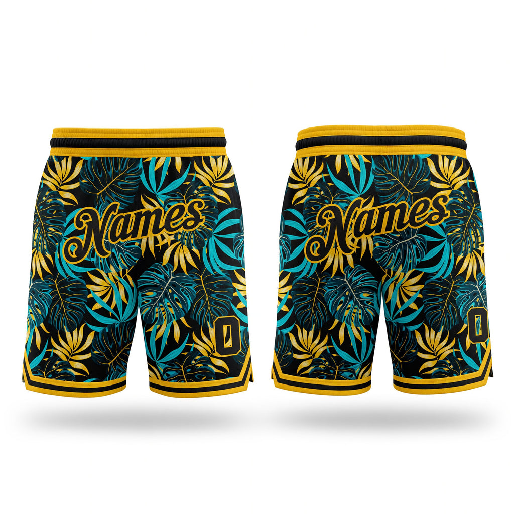Custom Black Black-Gold 3D Pattern Design Tropical Palm Leaves Authentic Basketball Shorts