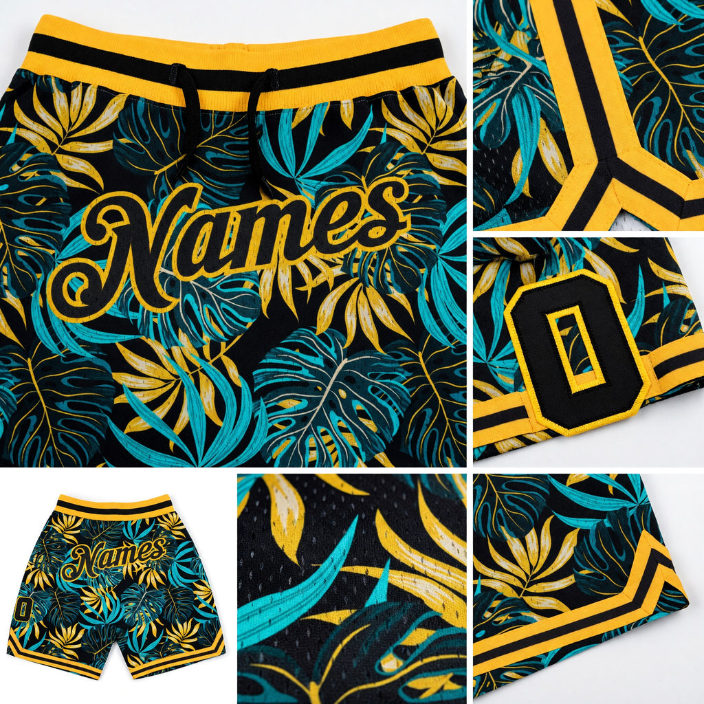 Custom Black Black-Gold 3D Pattern Design Tropical Palm Leaves Authentic Basketball Shorts detail
