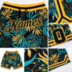 Custom Black Black-Gold 3D Pattern Design Tropical Palm Leaves Authentic Basketball Shorts detail