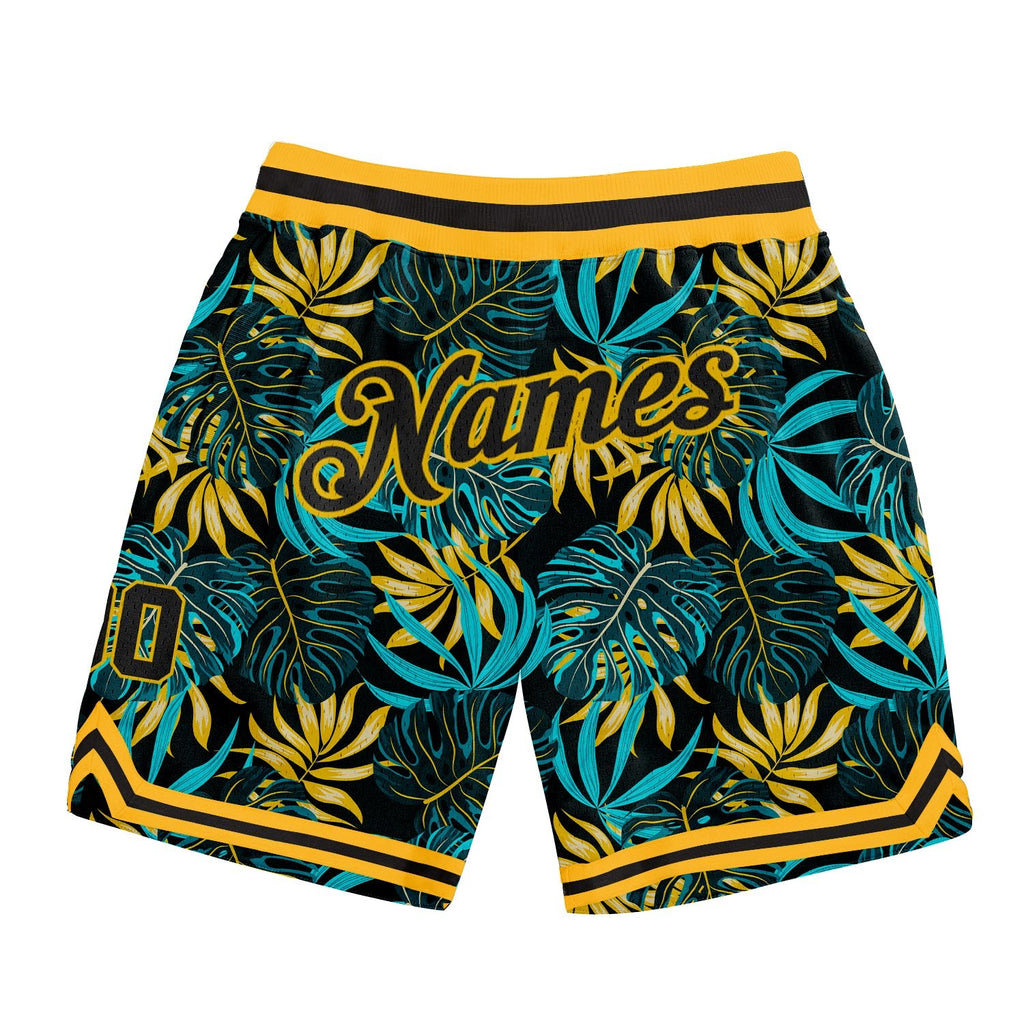 Custom Black Black-Gold 3D Pattern Design Tropical Palm Leaves Authentic Basketball Shorts photo 1