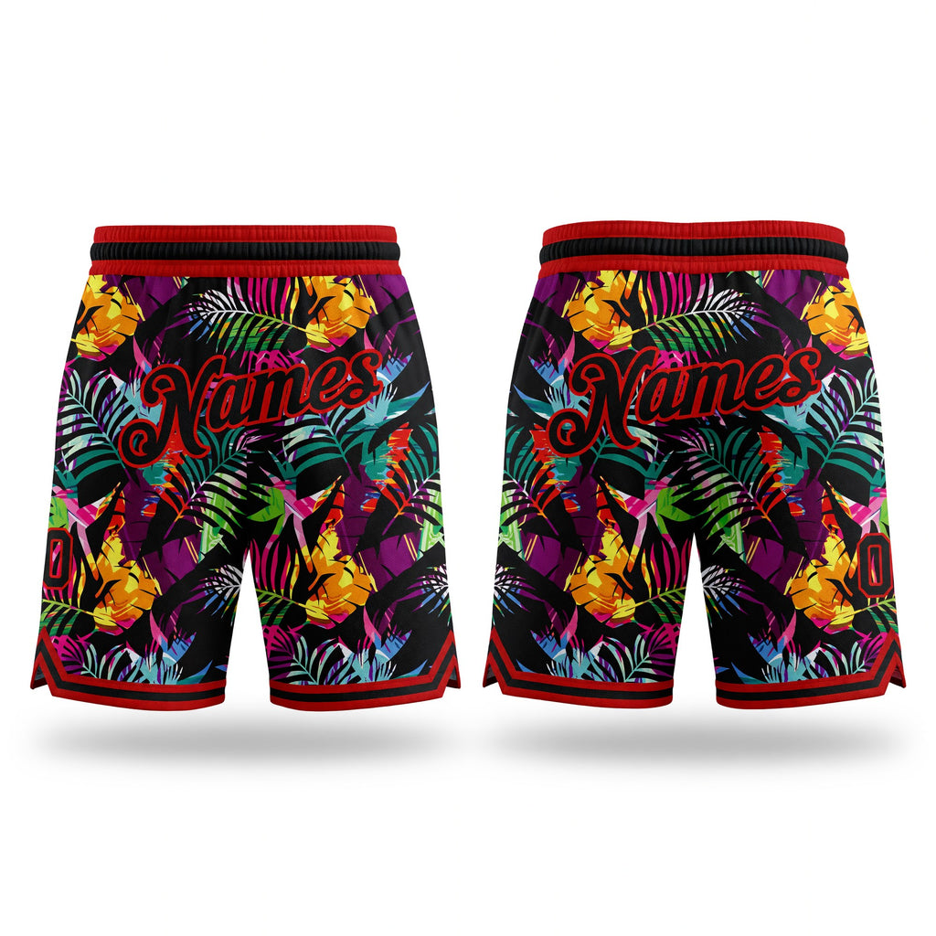 Custom Black Black-Red 3D Pattern Design Tropical Palm Leaves Authentic Basketball Shorts