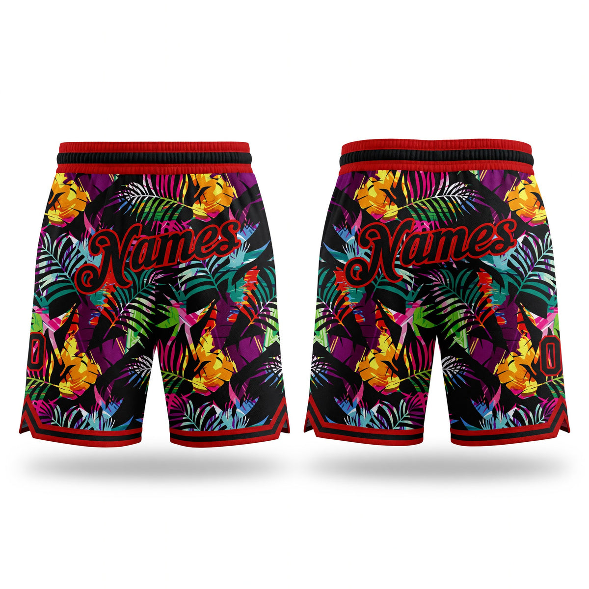 Custom Black Black-Red 3D Pattern Design Tropical Palm Leaves Authentic Basketball Shorts