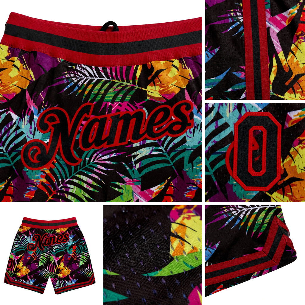 Custom Black Black-Red 3D Pattern Design Tropical Palm Leaves Authentic Basketball Shorts detail