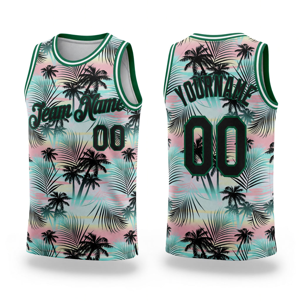 Custom Black Black-Kelly Green 3D Pattern Tropical Hawaii Palm Leaves Authentic Basketball Jersey