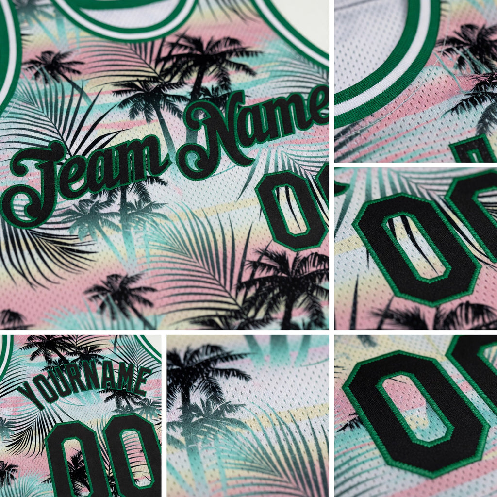 Custom Black Black-Kelly Green 3D Pattern Tropical Hawaii Palm Leaves Authentic Basketball Jersey detail